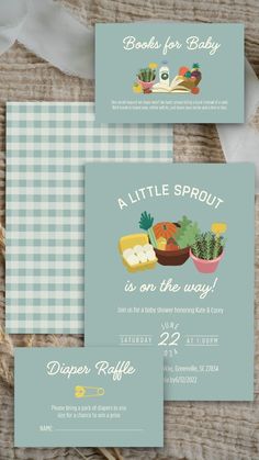 two baby shower cards with the words, little sprout is on the way