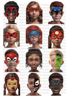 a group of children's face painted with different colors and designs on their faces