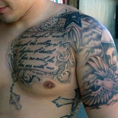 a man with an eagle and stars tattoo on his chest is looking at the camera