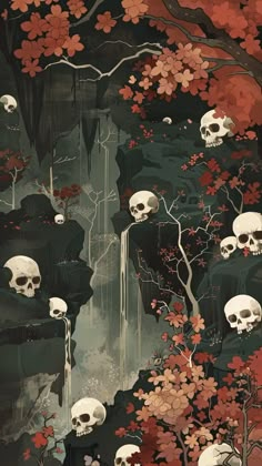 an artistic painting with skulls and flowers on the side of a cliff, surrounded by trees