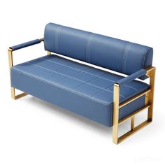 a blue leather couch sitting on top of a metal frame chair with gold legs and arms