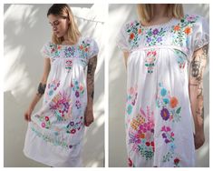 "Beautiful 1970's white maxi dress with colorful embroidery.  Bust: 37\" Waist: 44\" Hips: 45\" Length: 45\" Circa: 1970's  Condition: Good condition, normal wear. Minor pulls to the embroidery. Hand-washed and ready for action.  For fun stuff, go here: instagram.com/closetcasevintage Please contact us about any questions you may have regarding condition before purchasing.  Please read our store policies." Party Midi Dress, Mexican Embroidered Dress, Rainbow Embroidery, Colorful Embroidery, Embroidery Hand, Garden Party Dress, Mexican Dresses, Haute Hippie, Midi Dress Party