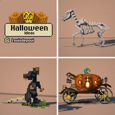 four different images of halloween decorations in the shape of horses and pumpkins, including a horse pulling a carriage