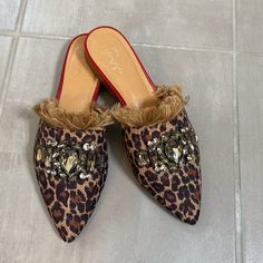 Never Worn! Adorable Leopard Print With Fun Fringe And Stones Trendy Brown Flats With Almond Toe, Trendy Brown Almond Toe Flats, Brown Flats With Flat Heel For Party, Brown Pointed Toe Flats For Party, Brown Flat Heel Party Flats, Brown Party Flats, Brown Synthetic Flats For Fall, Vintage Mules, Crown Vintage