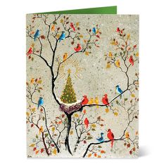 a christmas card with colorful birds on a tree