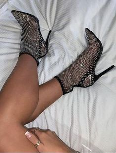 High Heel Mesh Party Boots, High Heel Mesh Boots For Party, Ankle-high Rhinestone Evening Heels, Ankle-high Rhinestone Fitted Heels, Fishnet High Heel Party Shoes, Fitted Ankle-high Rhinestone Heels, Fishnet High Heels For Party, Fishnet Party Heels, Thigh High Heels