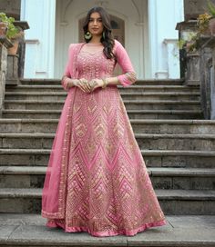 Pink Embroidered Sequins Net Anarkali Salwar Kameez Suit Net Anarkali, Anarkali Suits Designer, Net Gowns, Butterfly Net, Long Anarkali, Gown With Dupatta, Nikkah Dress, Bollywood Dress, Gown Suit