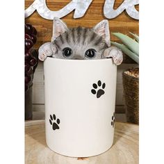 a cat is sitting in a cup with paw prints on it