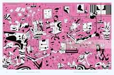 an abstract pink and black painting with various objects on it, including books, papers, and other things