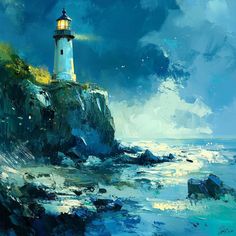 a painting of a light house on top of a cliff