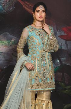 Buy this Pakistani formal dress in USA for the women – Nameera by Farooq Gharara Dress, Nameera By Farooq, Pakistani Formal Dresses, Pakistani Couture, Hijab Wedding Dress, Organza Sleeves, Ayeza Khan, Indian Suits, Usa Dresses