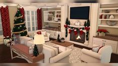 a living room decorated for christmas with white furniture