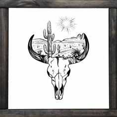 a black and white drawing of a bull skull with mountains in the background on a wooden frame