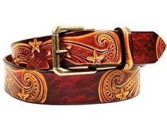 Starry innocence and wonder paying homage to the 1960's and Peter Max, psychedelic and very cool! Belt picture in Amber with Roller Buckle in Brass. -Made from premium full-grain American cowhide and built to last. Won't rip, split or peel apart like store-bought impostors! -Oh Snap! Belt comes included with a stylish plain buckle attached with durable snaps allowing for interchangeable Theme Buckles. *Roller Buckle available at additional cost (pictured below). - Belts are pictured without hole Western Leather Belt, Tooled Belt, Cool Belt, Custom Leather Belts, Tooled Leather Belts, Tooling Patterns, Peter Max, Handmade Leather Belt, Womens Leather Belt