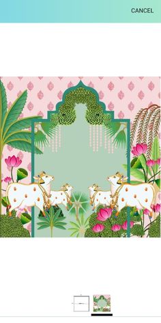 a pink and green wallpaper with two horses in the middle, surrounded by flowers