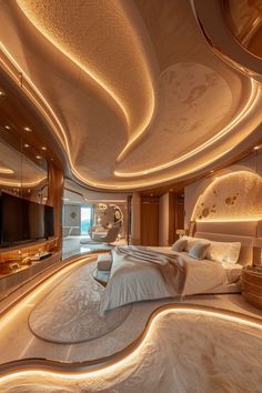 the interior of a luxurious bedroom is lit up with led lights and features an oval shaped bed