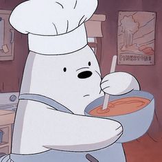 a cartoon character holding a bowl of soup with a spoon in his hand and wearing a chef's hat