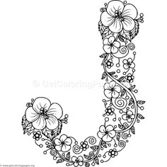 the letter j with flowers and leaves on it's sides is outlined in black ink