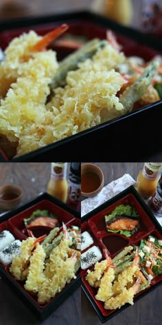 two pictures of different types of food in small trays on a table with sauces and condiments