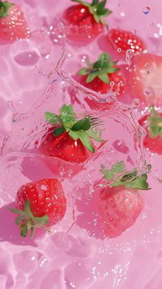 strawberries are floating in the water and splashing on pink surface with bubbles around them