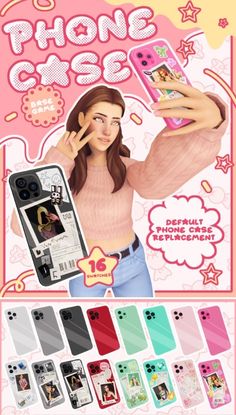 an advertisement for cell phone cases with a girl holding her hand up to her face