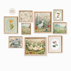 an assortment of framed pictures on a wall with flowers and animals in the frames above them