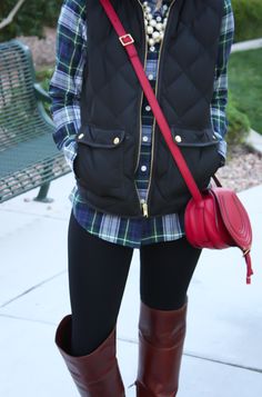 Plaid Shirt, Quilted Vest, Black Leggings, Brown Over the Knee Boots, Red Crossbody, J.Crew Factory, Frye, Chloe 14 Brown Over The Knee Boots, Northeast Girl, Puffer Vest Outfit, Southern Fashion, Vest Outfit, Plaid Shirts, Fall Favorites