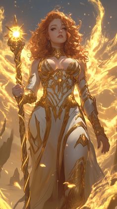 a woman dressed in white and gold holding a staff with flames behind her, as if she is an angel