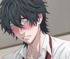 an anime character with black hair and red tie