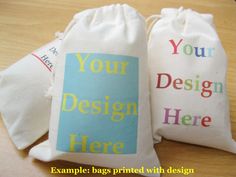 three bags filled with personalized items on top of a wooden table