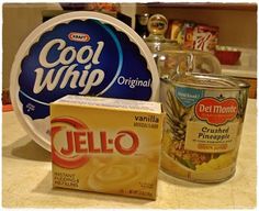 some food items are sitting on a counter top next to a bowl and container with the word jello written in it