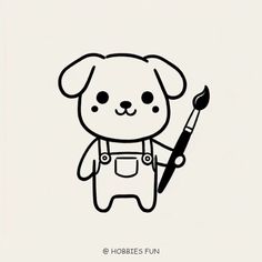 a black and white drawing of a teddy bear holding a paintbrush in its hand