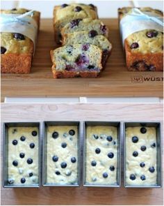 blueberry muffins are in pans and ready to be baked into the oven