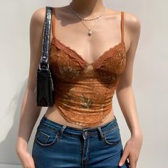 Leaves Printed Lace Patchwork Mesh Crop Top crop top Lunarity Garage Brown S Mode Ulzzang, Estilo Hippy, Y2k Crop Top, Brown Crop Top, Streetwear Mode, Vest Designs, Lace Outfit, Cropped Tops, Indie Outfits