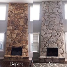 before and after pictures of a stone fireplace