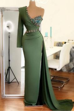 Chicloth One Shoulder Long Sleeve Prom Dress Mermaid With Crystal Long Sleeve Prom Dress Mermaid, Crystal Work, Green Satin Dress, Sparkly Prom Dresses, Mermaid Evening Gown, Dress Mermaid, Long Sleeve Prom, Prom Dresses For Sale, Beaded Chiffon