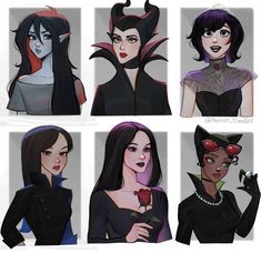 some very cute cartoon girls with different hair colors and makeup looks like they're from the animated movie maleficents