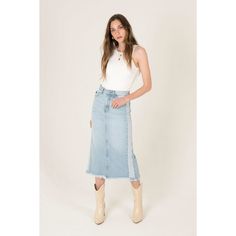 The Kancan Midi Denim Skirt Is Sure To Turn Heads This Summer! This Mid-Length Skirt Features A Classic Five Pocket Style That Gives Off An Effortless And Chic Look. To Add Distinction To An Otherwise Timeless Design, This Skirt Features Contrast Panels And A Trendy Frayed Hem. Crafted From 100% Cotton, The Light Wash Of This Denim Skirt Gives It A Delicate Yet Relaxed Appeal That Effortlessly Transitions From Day To Night. With Its Versatile Design, The Kancan Midi Denim Skirt Has Everything Yo High-rise Denim Lined Skirt, High Rise Lined Denim Skirt, High Rise Denim Skirt With Lined Detail, High Rise Denim Skirt With Lined Skirt, Mid-rise Light Wash Skirt With Frayed Hem, High Waist Light Wash Skirt With Frayed Hem, Casual Light Wash Skirt With Frayed Hem, Mid Length Skirts, Denim Midi Skirt