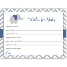 a baby elephant wishes card with the words wishes for baby written in blue on it