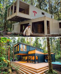 two pictures side by side, one with a house built into it and the other has stairs