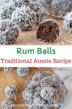 chocolate rum balls with coconut sprinkles in the middle and on top, sitting on a cutting board