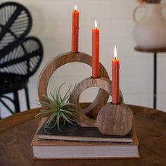 three candles are sitting on top of a book with an air plant in the middle