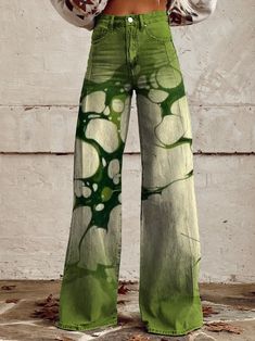 Women's Retro Green Gradient Water Pattern Print Casual Wide Leg Pants Cowhide Fabric, Wide Leg Pants Casual, Water Pattern, Mode Punk, Green Gradient, Water Patterns, Diy Vetement, Kleidung Diy, Casual Wide Leg Pants