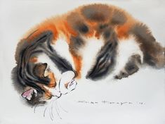 a painting of a cat laying down with its head on another cat's face