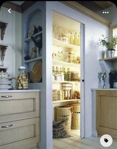 an open pantry door in a kitchen with lots of cupboards and pots on the shelves