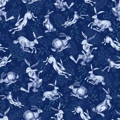 a blue background with white rabbits on it