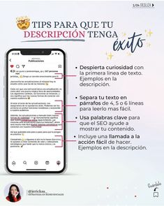 a cell phone with the caption'tips para que tu descripcion tenga exitos '