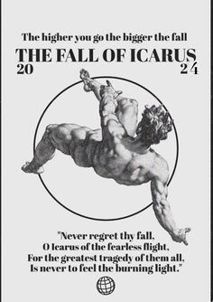 an advertisement for the fall of icarus, featuring a man with no shirt on