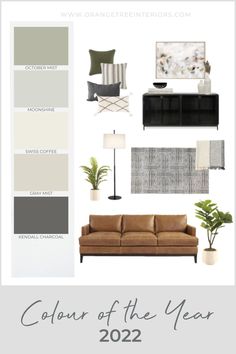 a living room color scheme with neutrals and greens in shades of gray, white, and brown