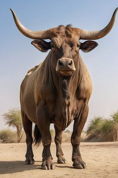 an animal with large horns standing in the dirt